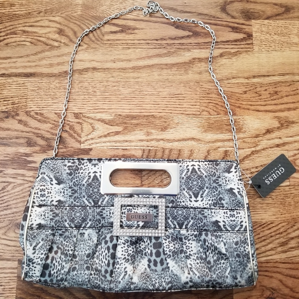 BNWT GUESS Los Angeles Satin Clutch / Shoulder Bag Leopard Print Party Evening